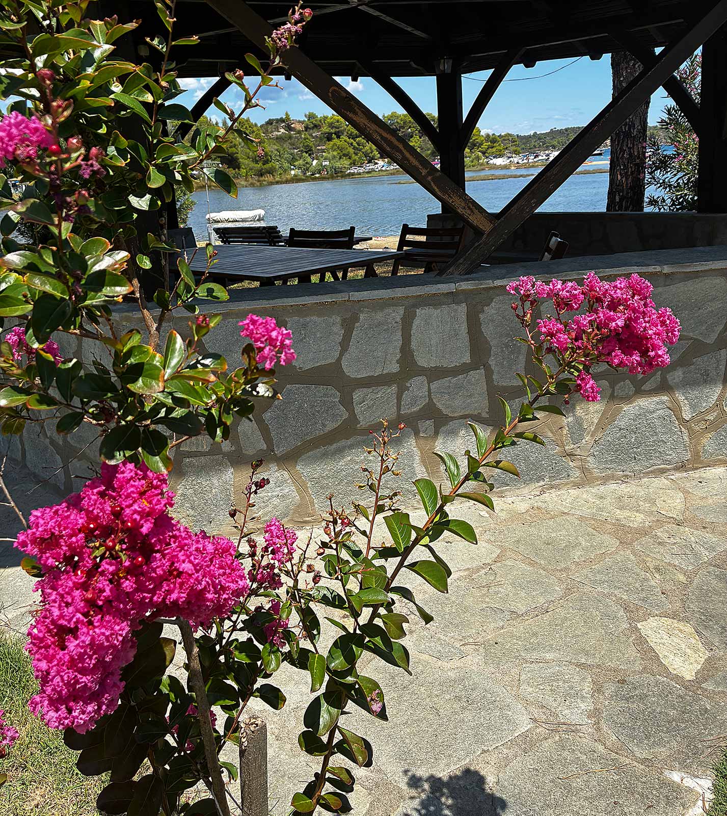 Shaded kiosk with flowers, seating and sea view at Bloomora.