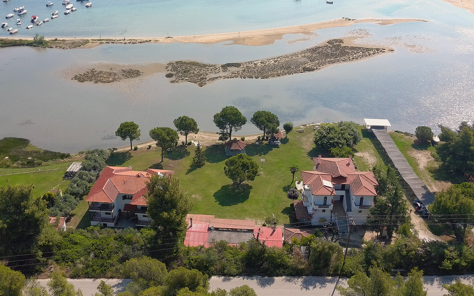 Aerial view of Bloomora’s garden, studios and shoreline.