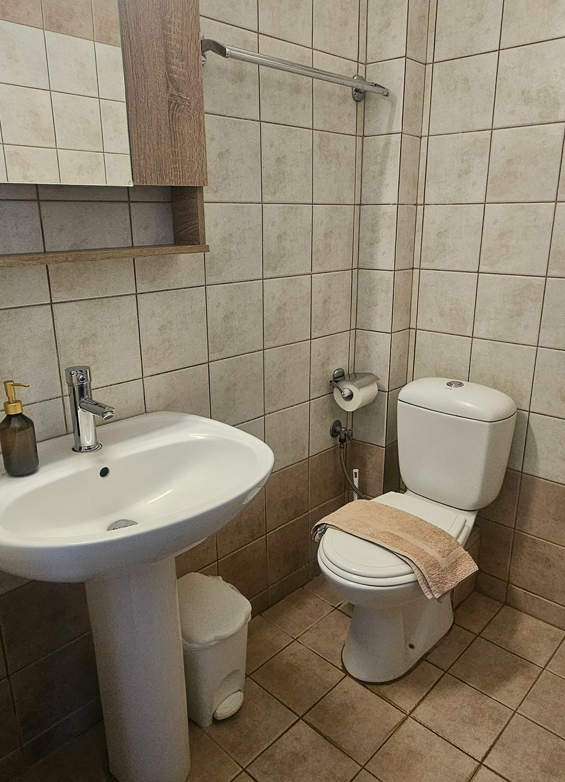 Bathroom with sink, toilet and tiled shower area in Classic Studio No24.