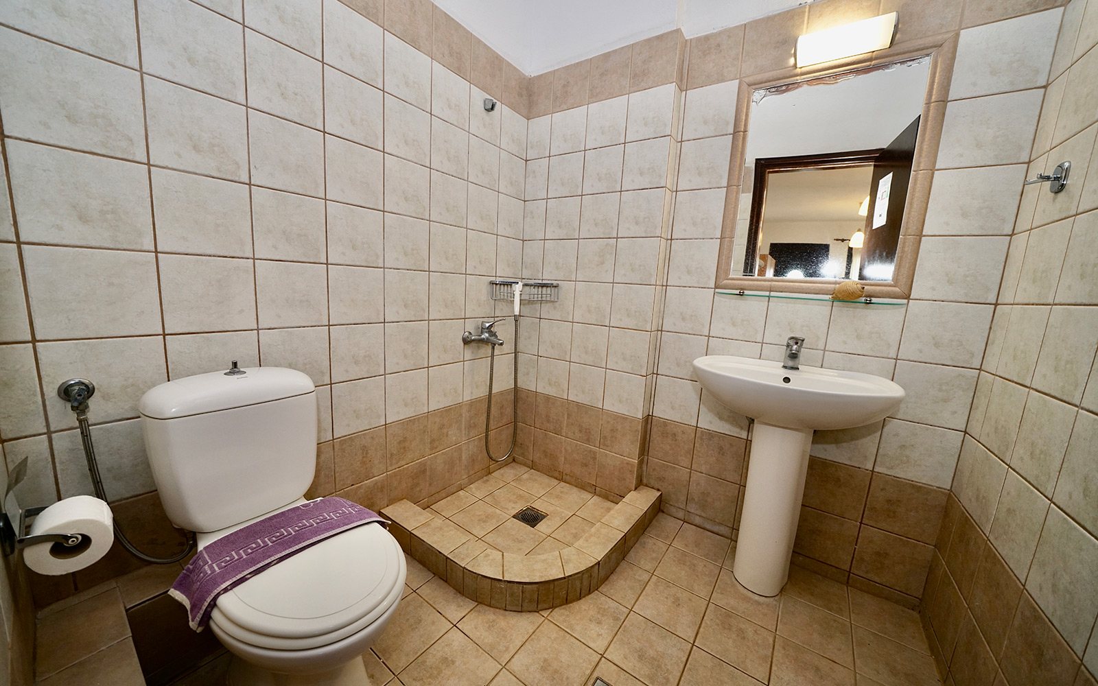 Bathroom with shower, sink and toilet in Terrace Studio No13 at Bloomora.